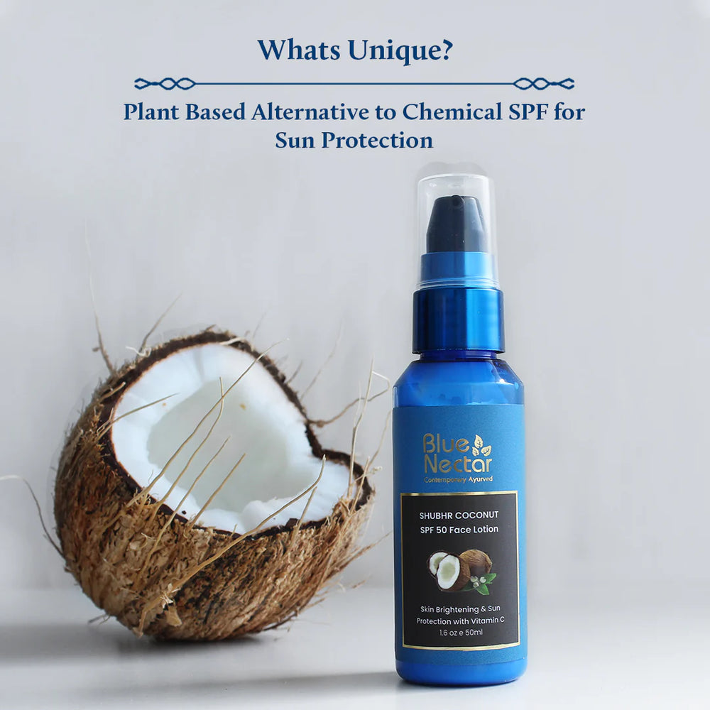 Shubhr coconut spf 50 face lotion is plant based and is reef safe.